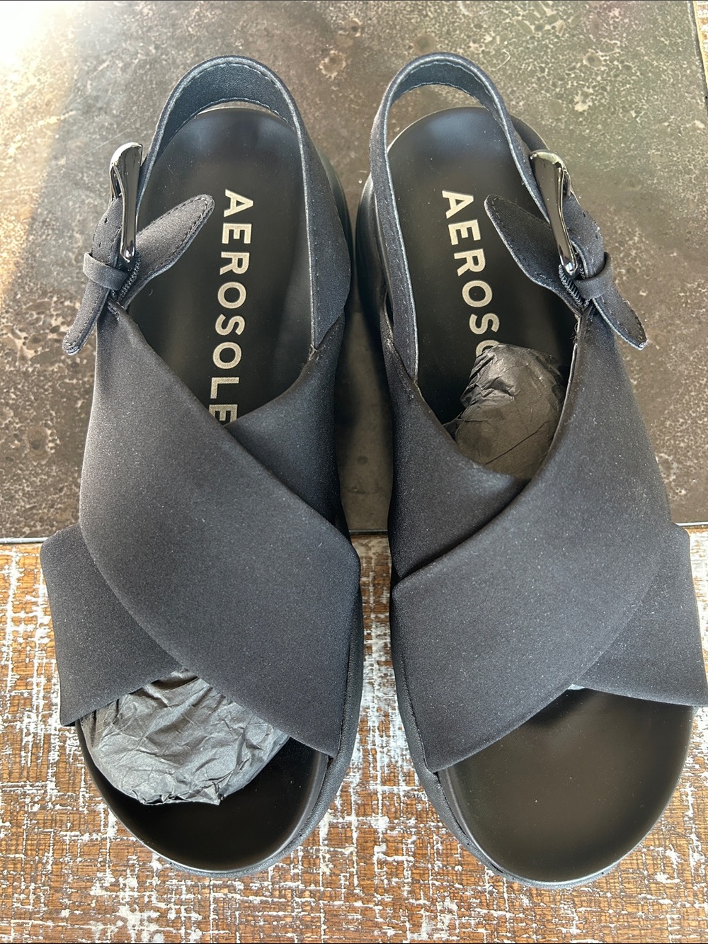 AEROSOLES Black Crisscross Slingback Sandals with Buckle